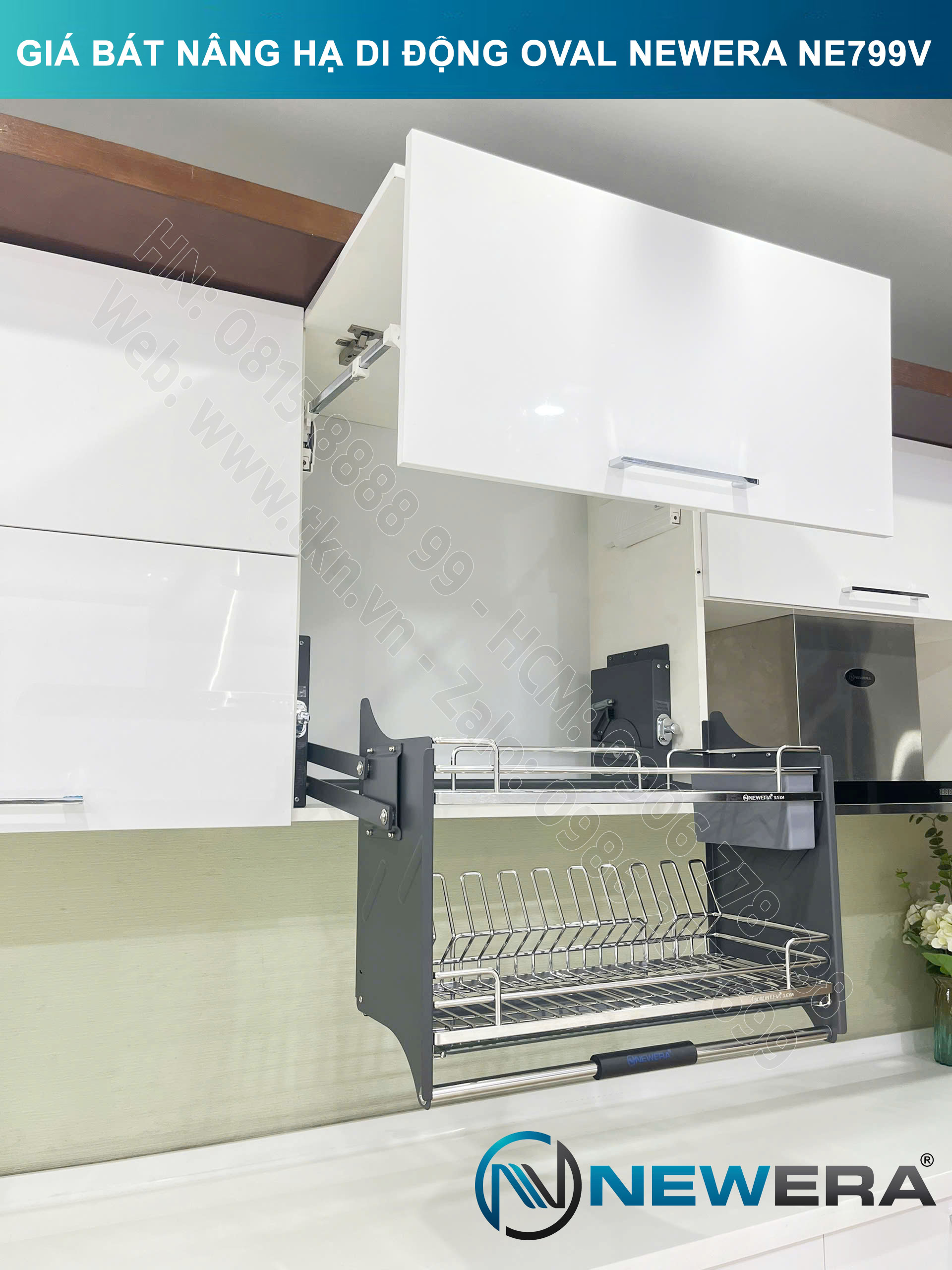 Giá bát nâng hạ di động nan Oval quả trám NewEra 700mm có ống đũa inox 304 NE799.700V 28