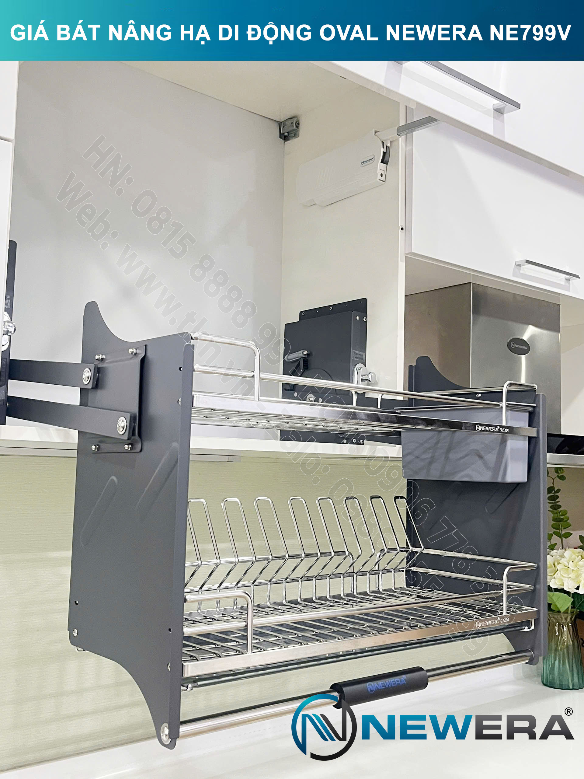 Giá bát nâng hạ di động nan Oval quả trám NewEra 700mm có ống đũa inox 304 NE799.700V 30