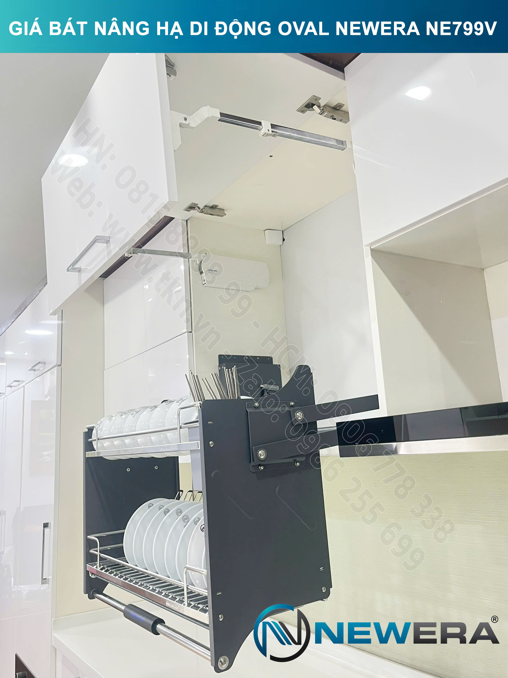 Giá bát nâng hạ di động nan Oval quả trám NewEra 700mm có ống đũa inox 304 NE799.700V 31