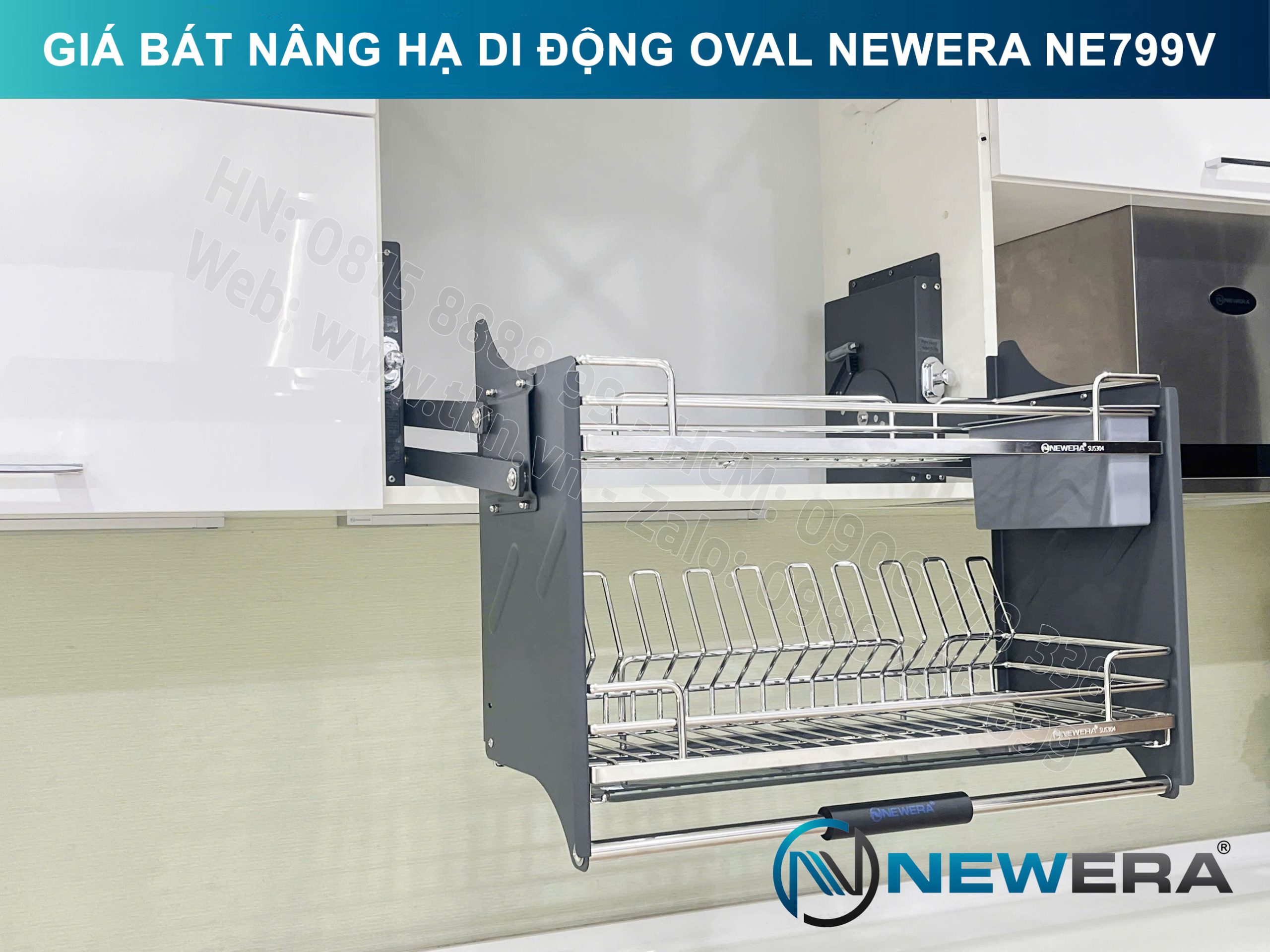 Giá bát nâng hạ di động nan Oval quả trám NewEra 700mm có ống đũa inox 304 NE799.700V 4