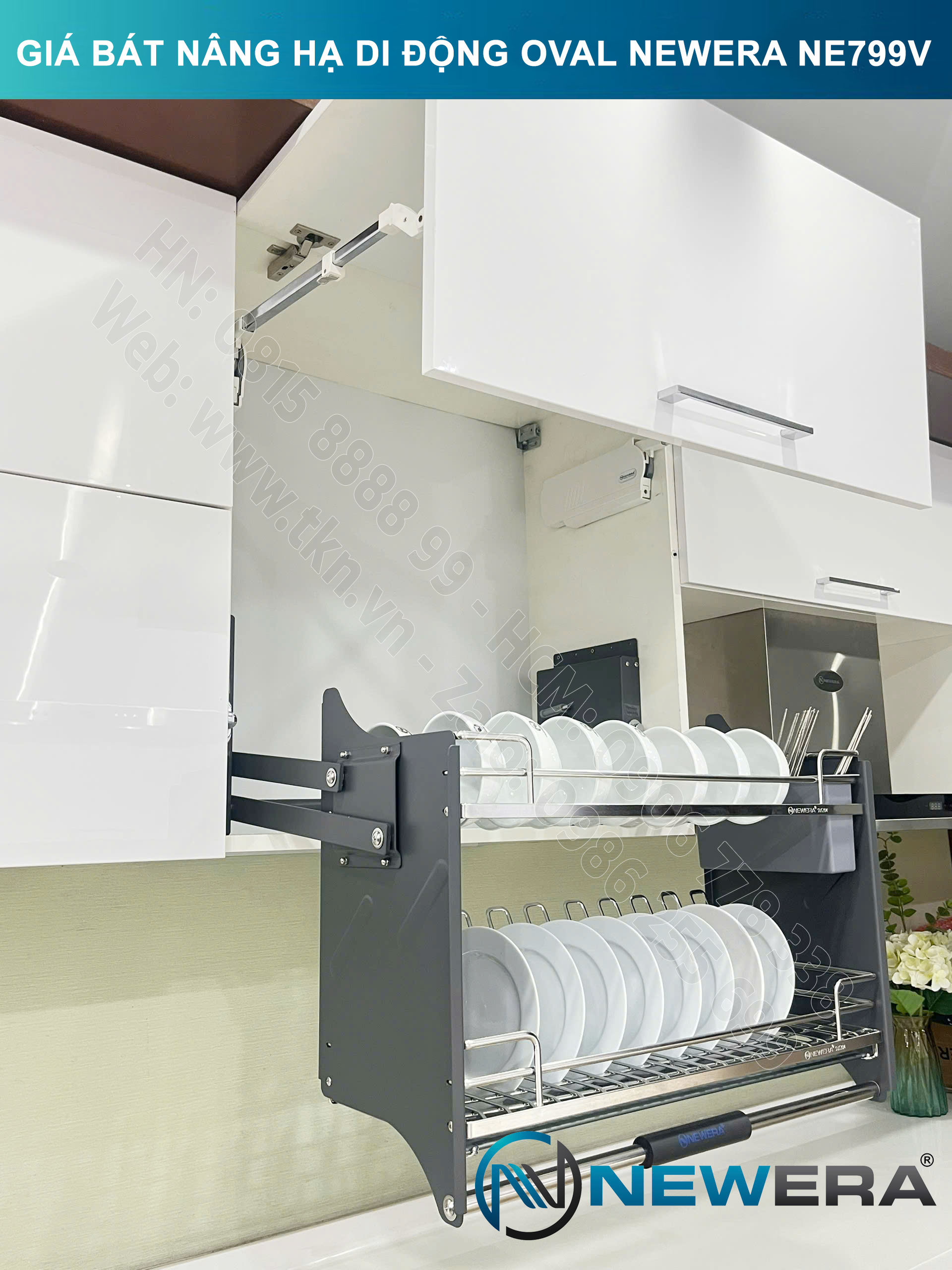 Giá bát nâng hạ di động nan Oval quả trám NewEra 700mm có ống đũa inox 304 NE799.700V 32