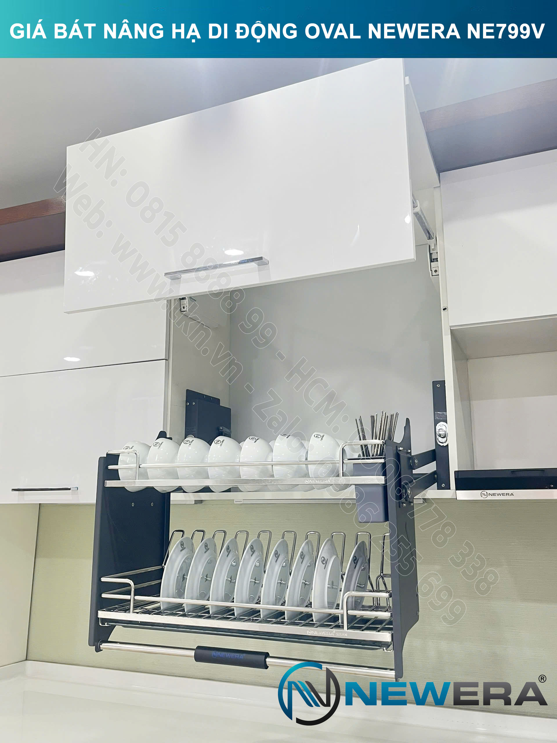 Giá bát nâng hạ di động nan Oval quả trám NewEra 700mm có ống đũa inox 304 NE799.700V 33