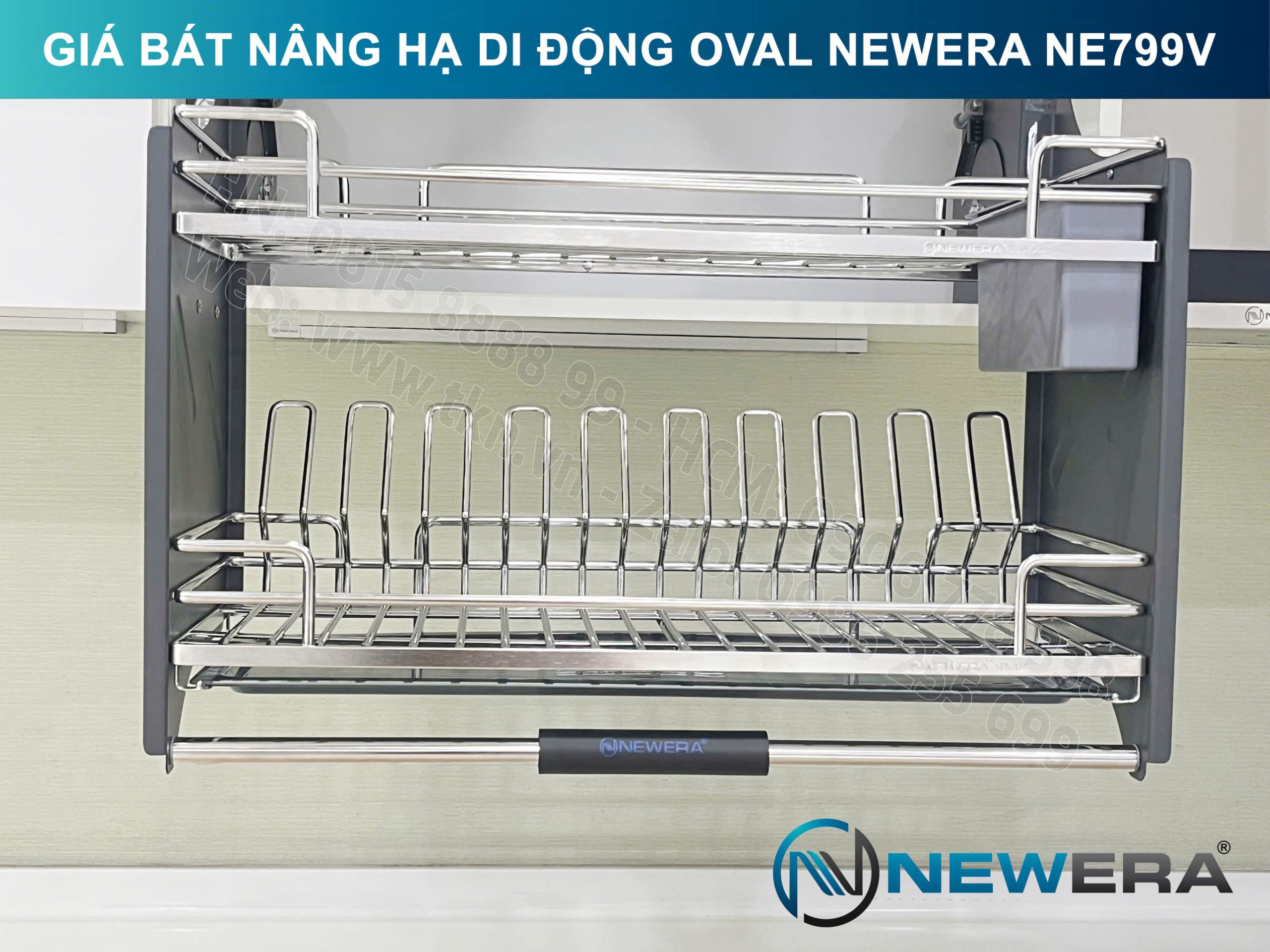Giá bát nâng hạ di động nan Oval quả trám NewEra 700mm có ống đũa inox 304 NE799.700V 5