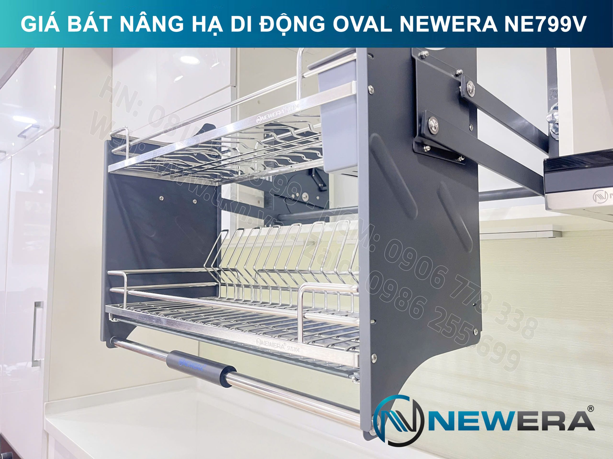 Giá bát nâng hạ di động nan Oval quả trám NewEra 700mm có ống đũa inox 304 NE799.700V 6
