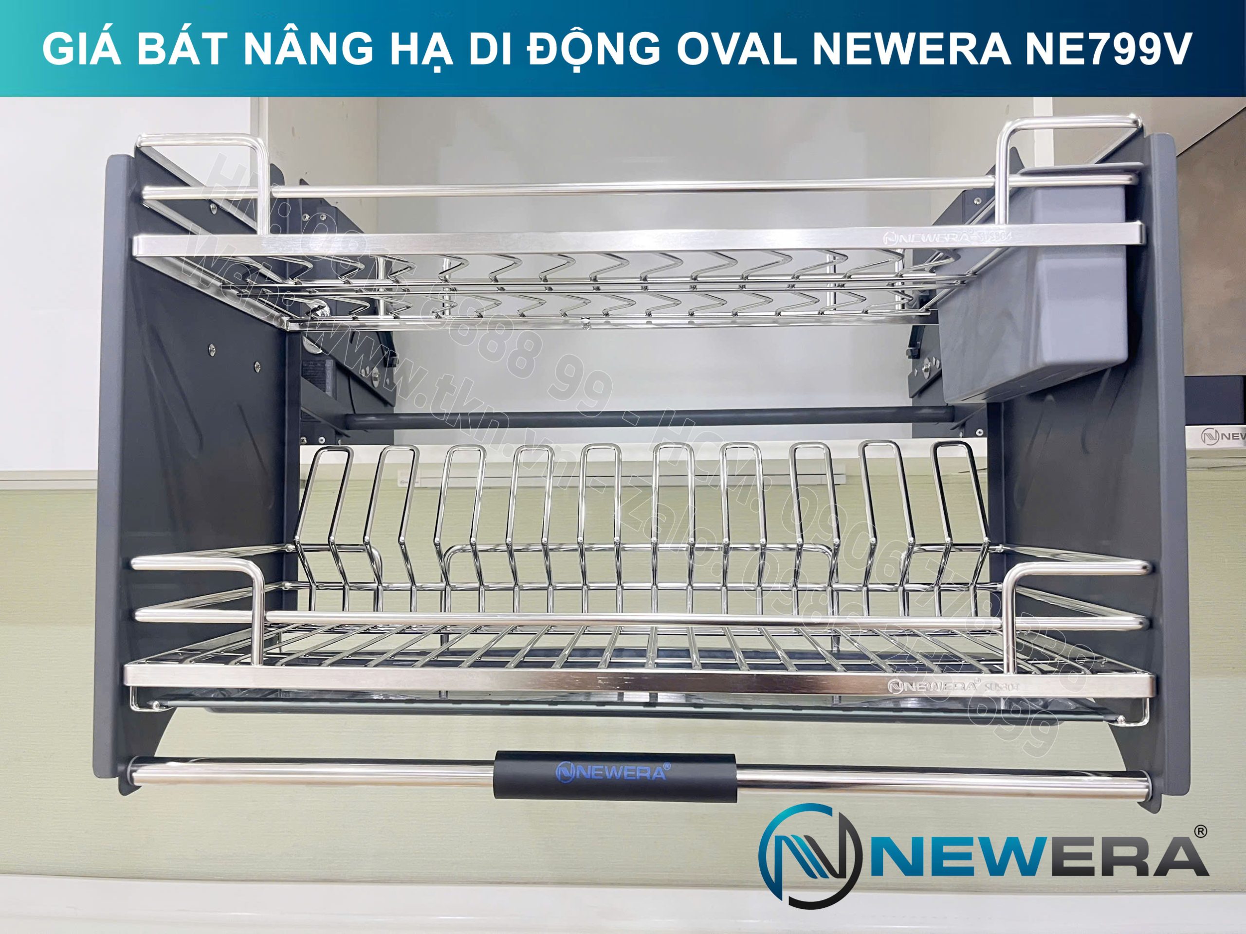 Giá bát nâng hạ di động nan Oval quả trám NewEra 700mm có ống đũa inox 304 NE799.700V 7